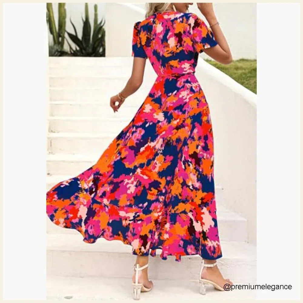 Boho Floral Maxi Dress Wrap V Neck Short Sleeve Summer Beach Wedding Guest - Picture 2 of 7
